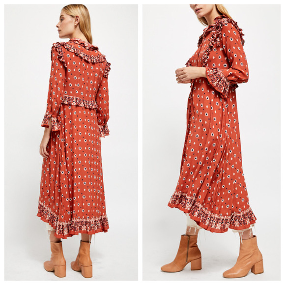 Free People Calico Skies Midi Dress Ruffle Button Boho Cottagecore Western Large - Picture 12 of 16